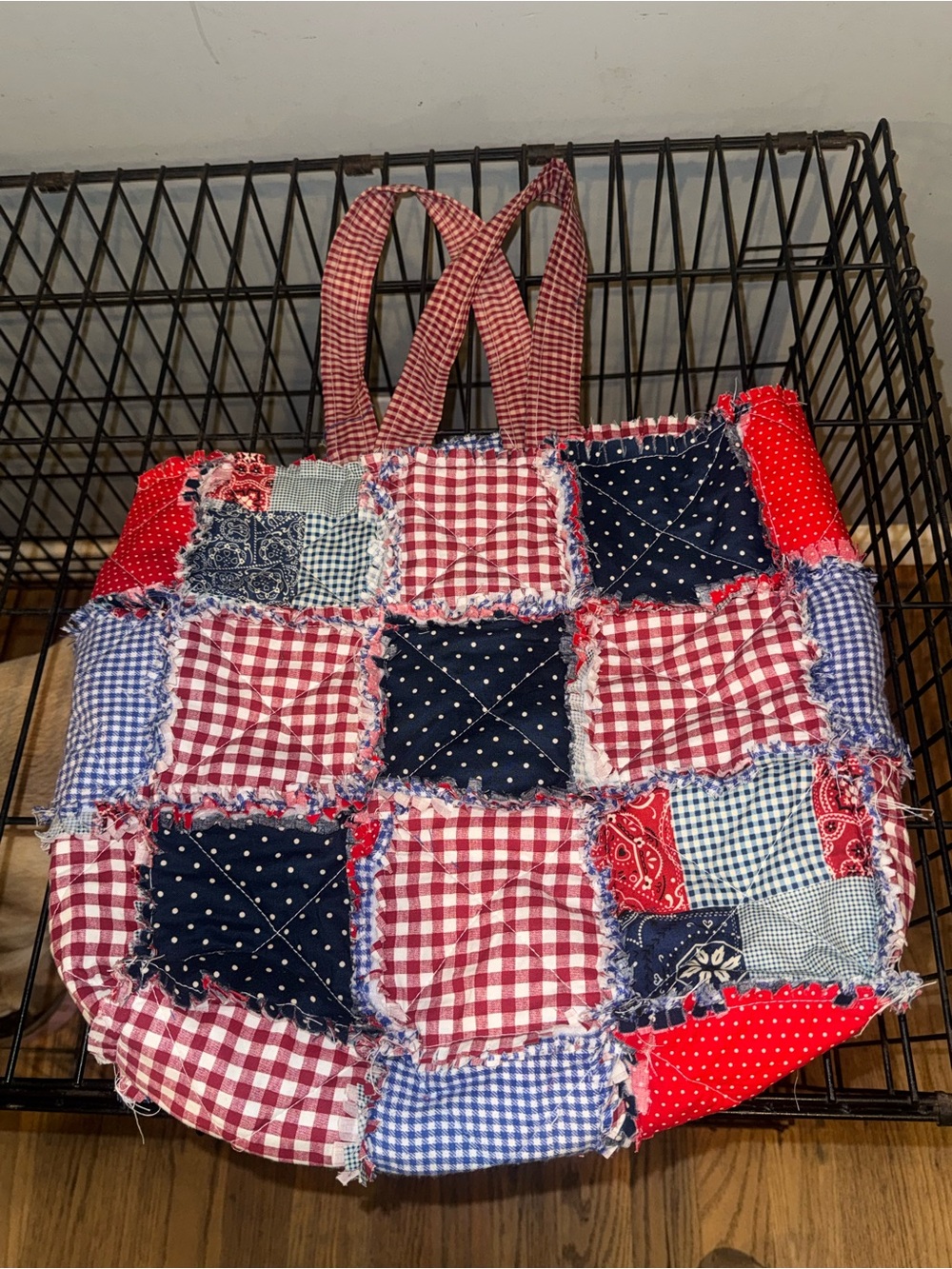 Patchwork Quilted Tote Bag - Red, Navy & White